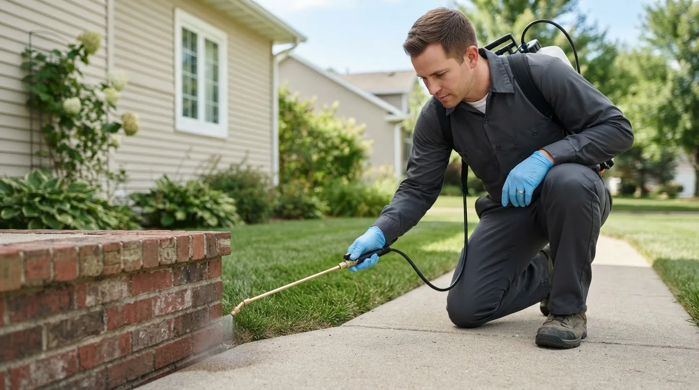 Pest control technician treating a home near Grand Forks Afb, ND