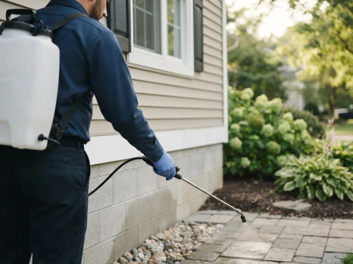 Pest control technician inspecting a home in Grand Forks Afb, ND